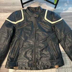 Women's Black Leather Jacket with Cream Accents
